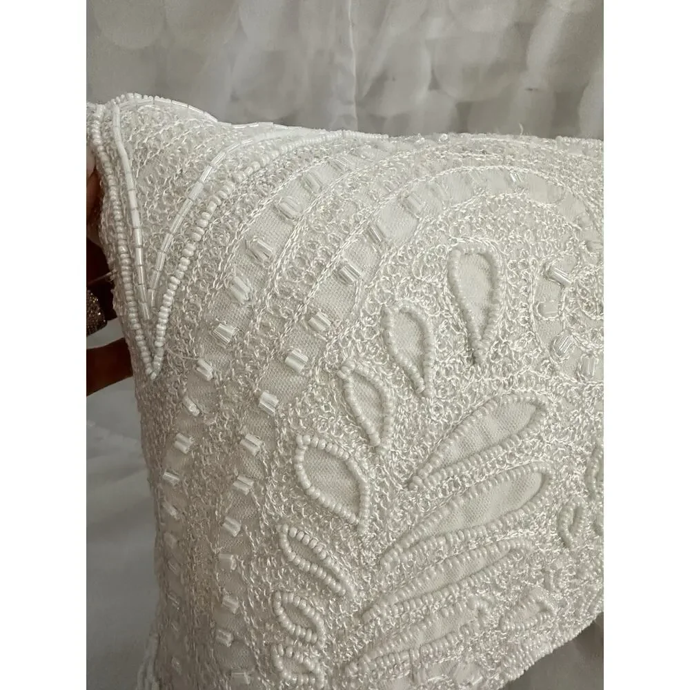 VTG Pier One White Accent Pillow Embroidered Beaded Flowers Rectangular Lumbar
